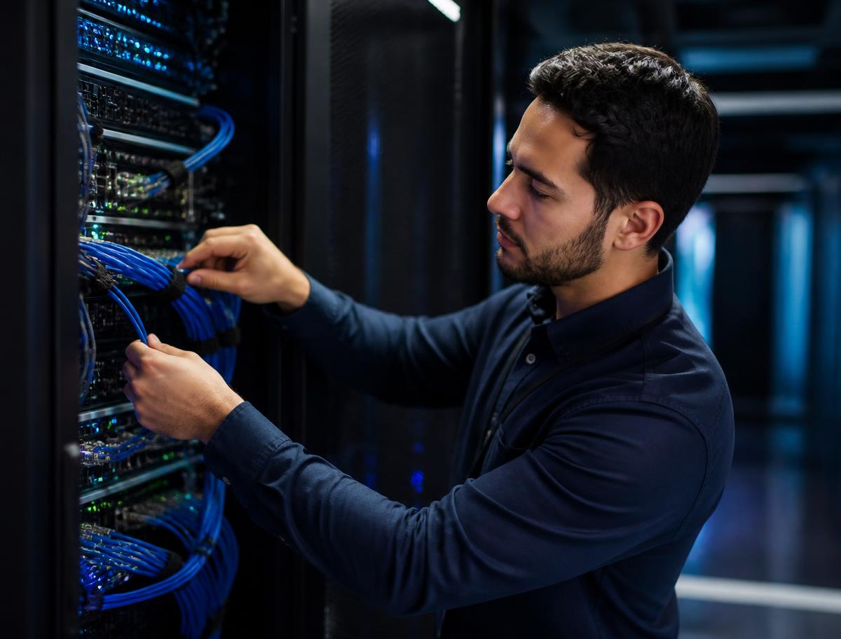 Técnico organizando cabeamento estruturado em rack de telecomunicações