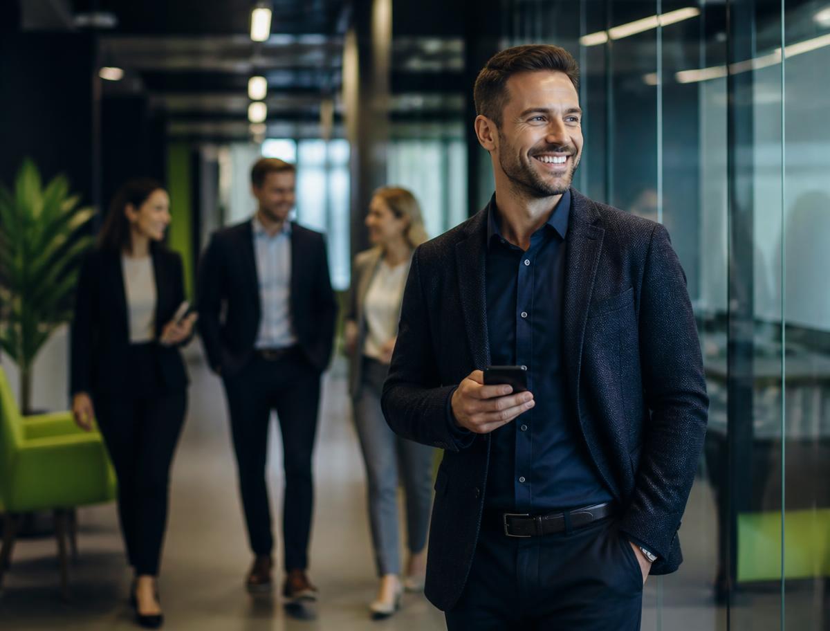 Profissionais em escritório corporativo moderno conectados por soluções de mobilidade